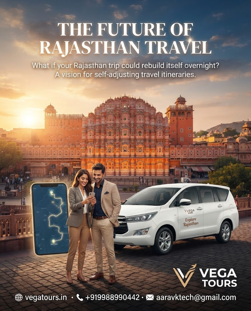Futuristic Rajasthan road trip concept with Vega Tours Innova and glowing route map near Jaipur Pink City