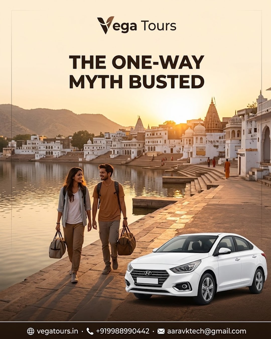 Couple travelling one way from Jaipur to Pushkar with Vega Tours taxi near the lake ghats