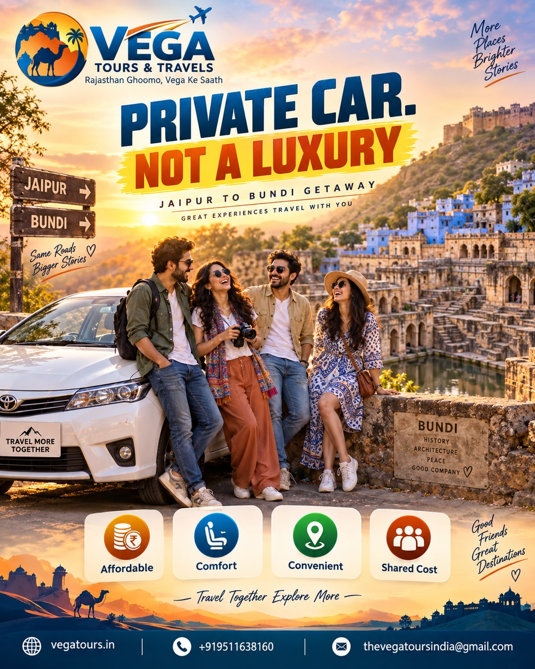 Friends group beside Vega Tours sedan with Bundi stepwell and blue city backdrop at sunset