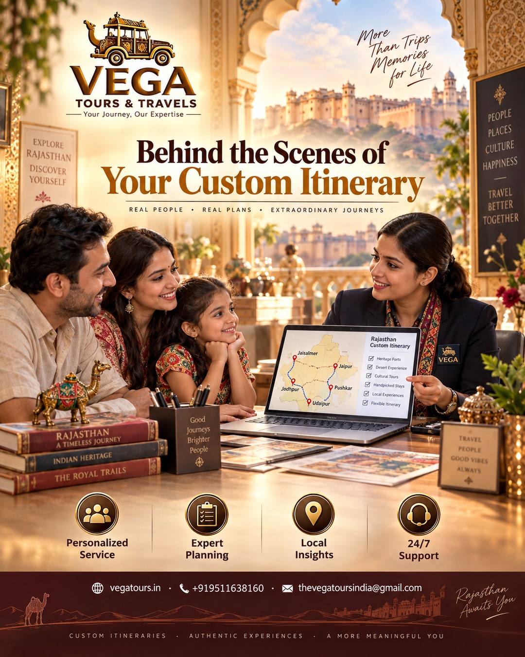 Vega Tours itinerary planning dashboard showing Jaipur to Bikaner to Jaisalmer route being built