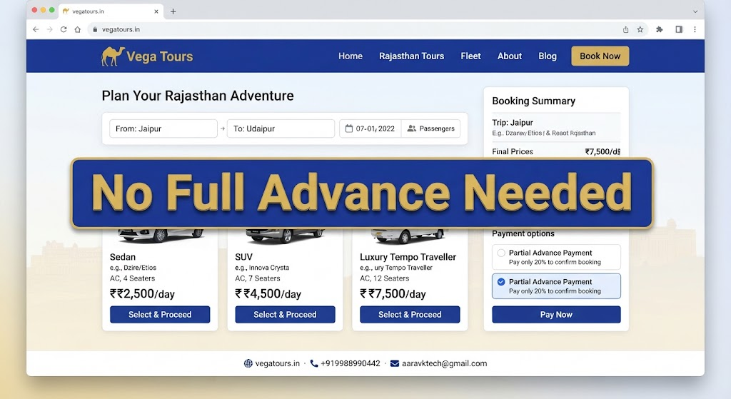 Vega Tours and Travels website booking screen showing flexible advance payment option for Rajasthan cab booking