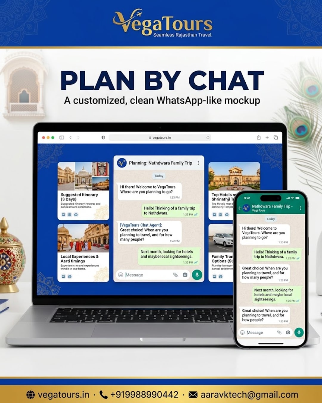 Vega Tours website mockup showing a WhatsApp style trip planning chat for a Nathdwara family journey