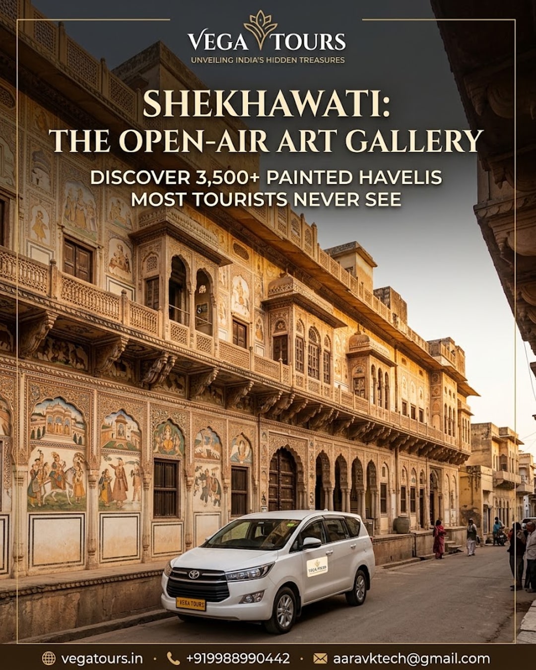 Vega Tours Shekhawati painted haveli road trip banner with car and heritage architecture