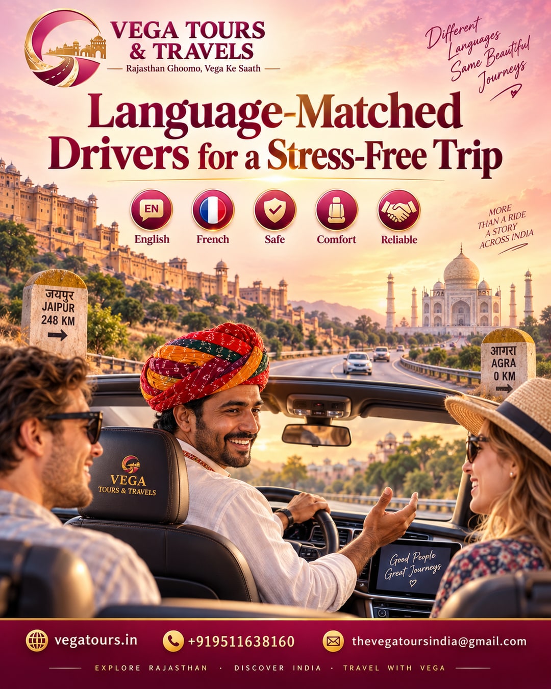Vega Tours dashboard showing driver language selection for Jaipur to Agra taxi booking