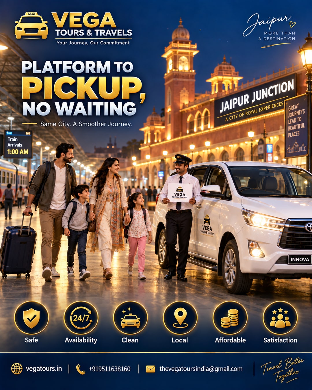 Family greeted by Vega Tours driver outside Jaipur railway station at night