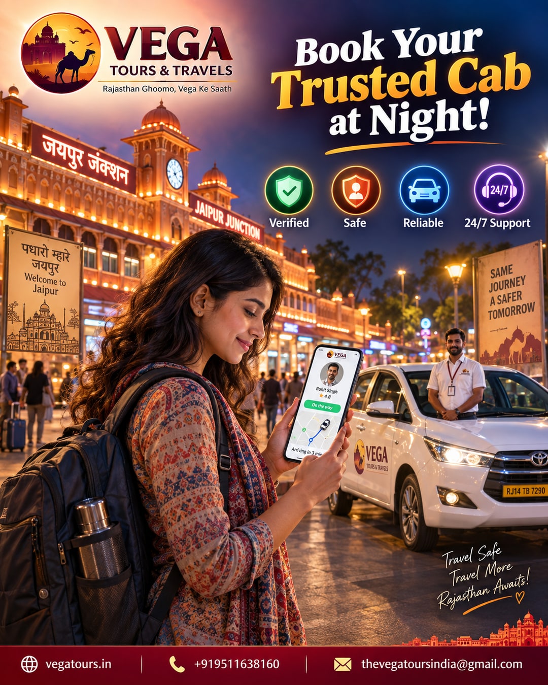 Solo woman traveller safely picked up at night by verified Vega Tours driver near Jaipur railway station