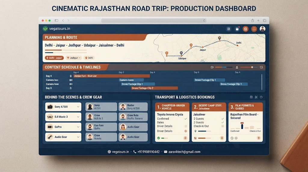 Vega Tours and Travels digital booking and itinerary management dashboard displayed on a laptop screen for travel creators.