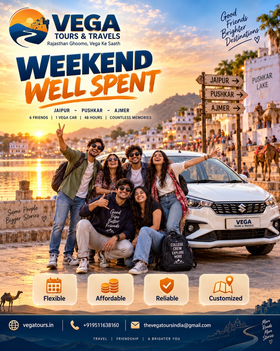 College friends group trip to Pushkar and Ajmer weekend circuit with Vega Tours car