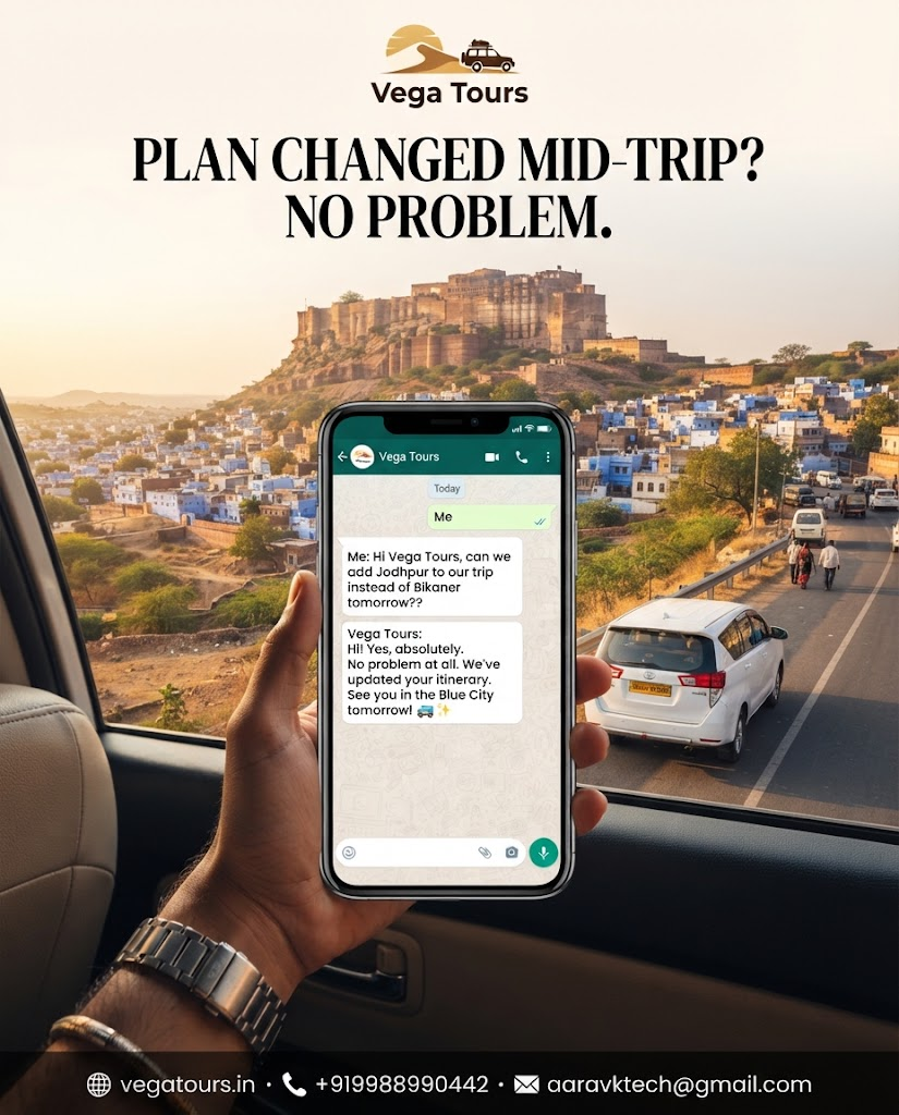 Traveller adding an extra stop to Rajasthan road trip via WhatsApp with Vega Tours Innova on Jodhpur highway