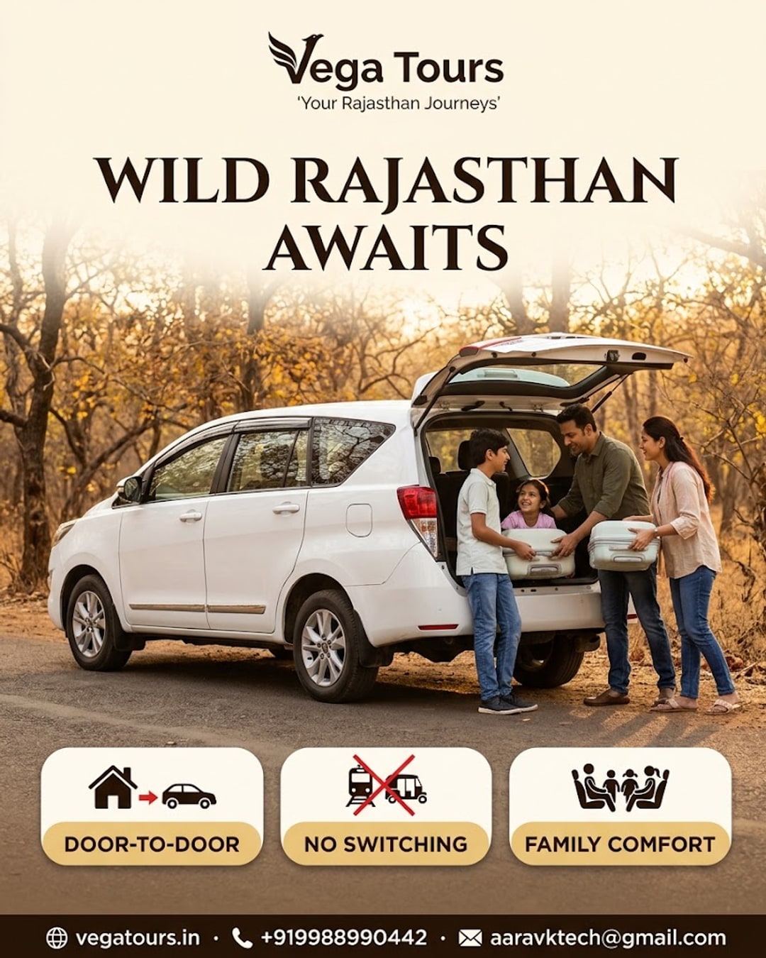 Family loading luggage into Innova for a direct Jaipur to Ranthambore road trip with Vega Tours