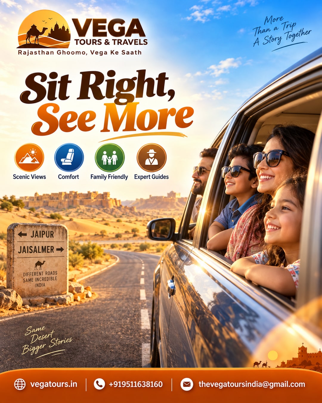 Vega Tours dashboard showing best seating side for Jaipur to Jaisalmer desert road trip