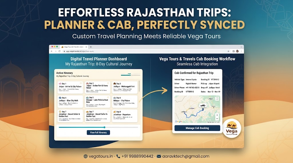 A digital travel planner app interface seamlessly syncing with Vega Tours and Travels booking dashboard