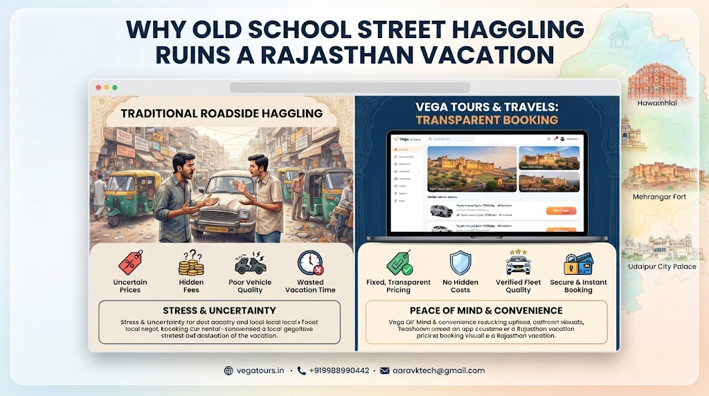 A split mockup comparing a stressful street-side taxi negotiation in Jaipur with a smooth mobile app booking screen showing Vega Tours and Travels