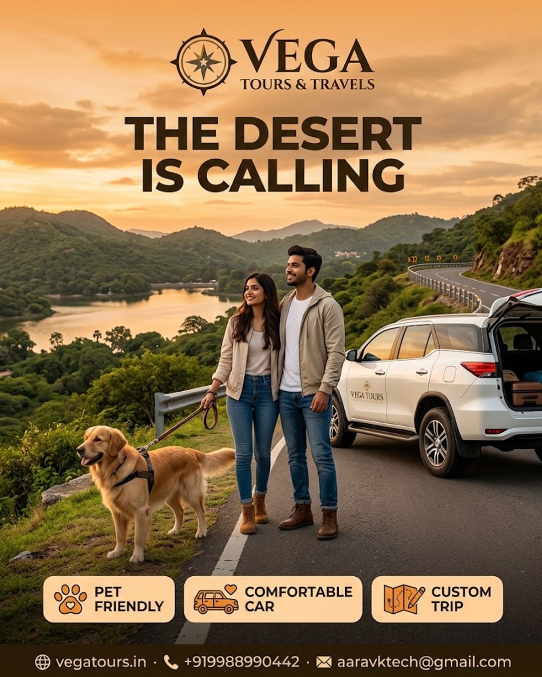 Couple with pet dog beside SUV at Mount Abu hill getaway with Vega Tours