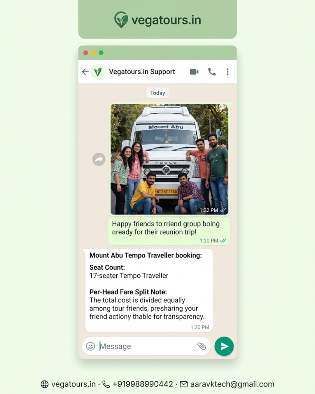Vega Tours WhatsApp chat showing Mount Abu friends reunion Tempo Traveller booking with per head fare split