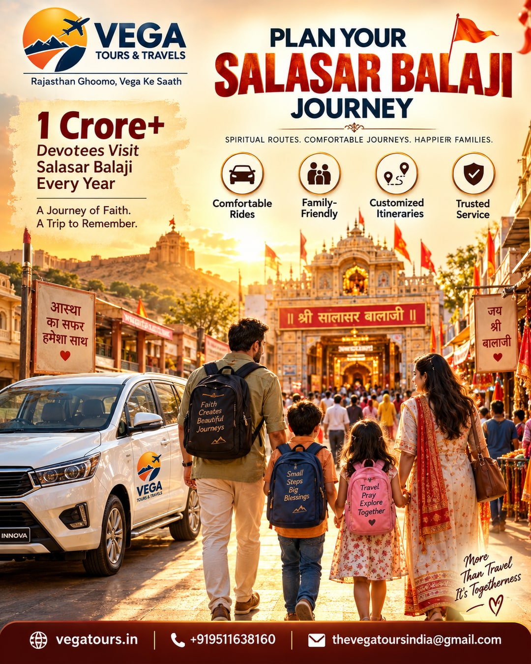 Indian pilgrim family arriving in Salasar Balaji with Vega Tours car parked nearby