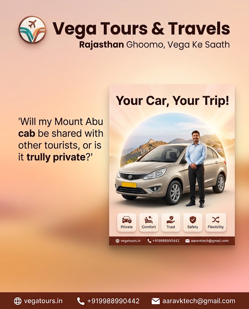 Vega Tours website booking screen showing private dedicated car option for Mount Abu trip
