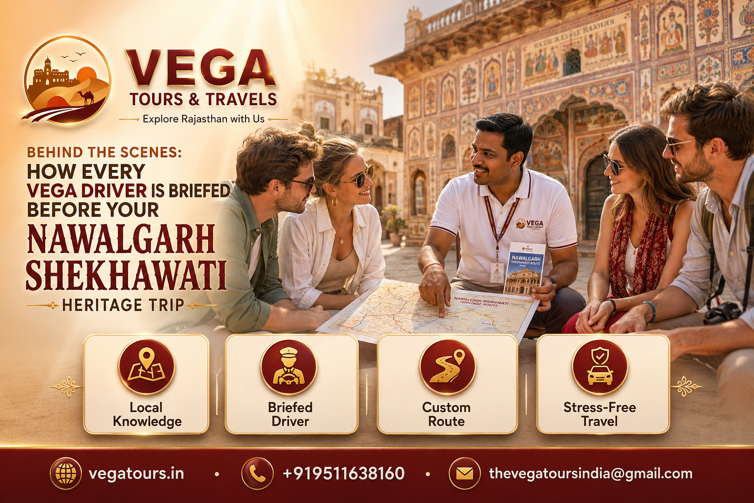 Friends group exploring painted havelis in Nawalgarh Shekhawati with Vega Tours cab parked nearby