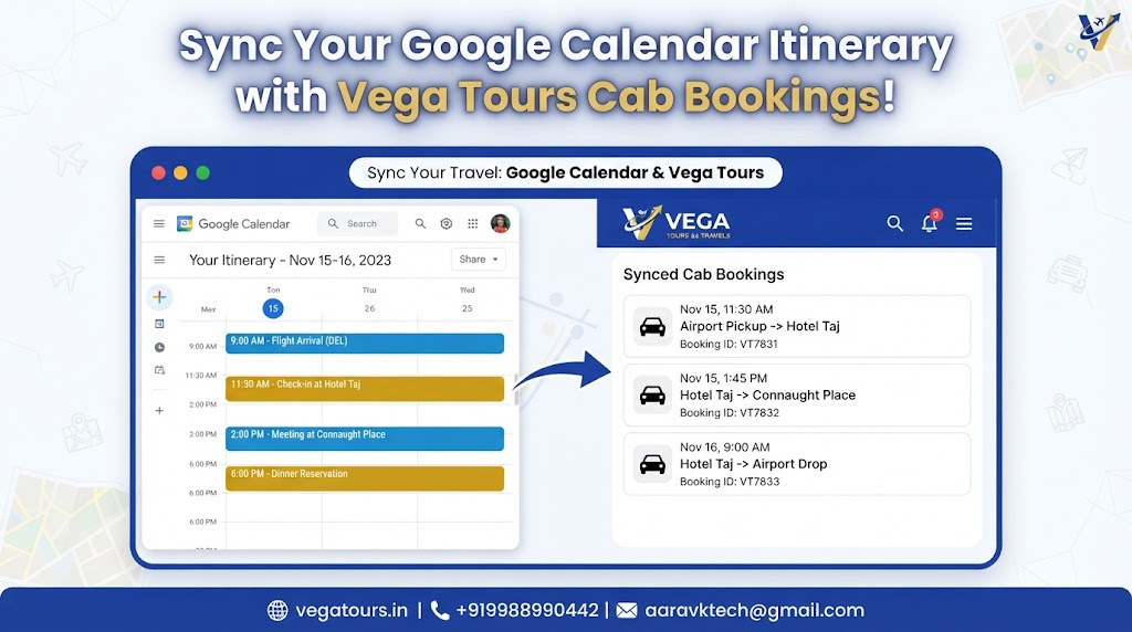 A browser mockup showing a Google Calendar schedule synced with a Vega Tours and Travels car booking dashboard for Jaipur and Rajasthan trips