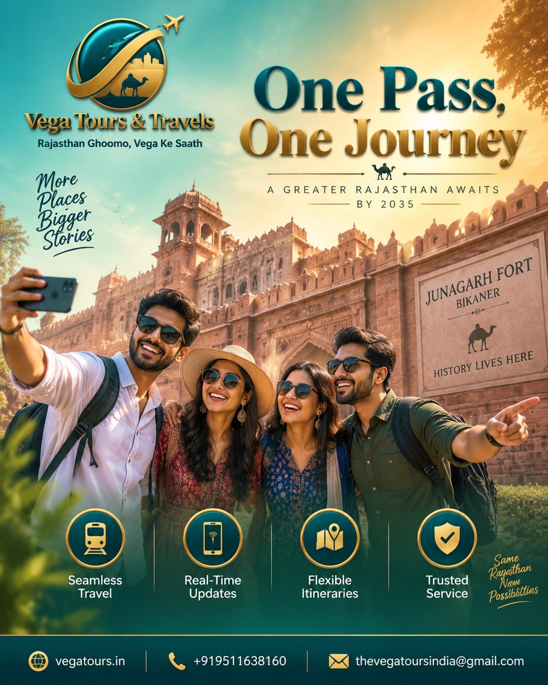 Vega Tours app dashboard concept showing a unified digital travel pass for a Bikaner Rajasthan trip