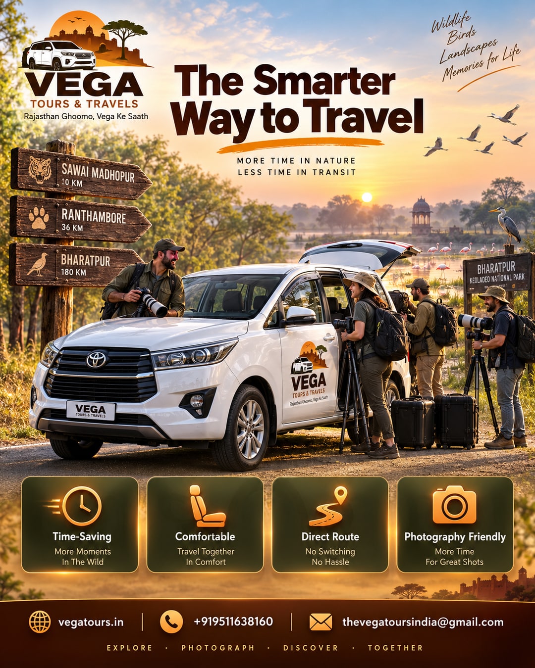 Wildlife photography group boarding Vega Innova for Ranthambore Bharatpur circuit at sunrise