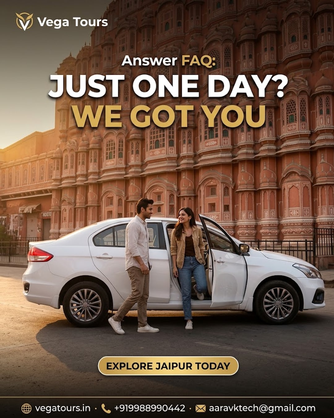 Vega Tours single day Jaipur sightseeing car parked near Hawa Mahal