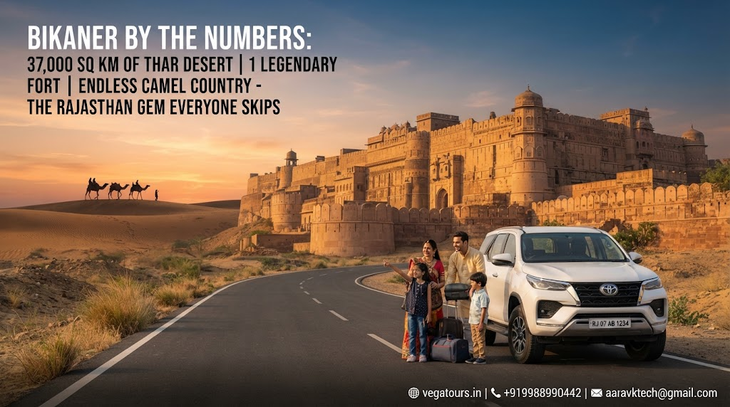 Junagarh Fort Bikaner desert landscape with Vega Tours travel car