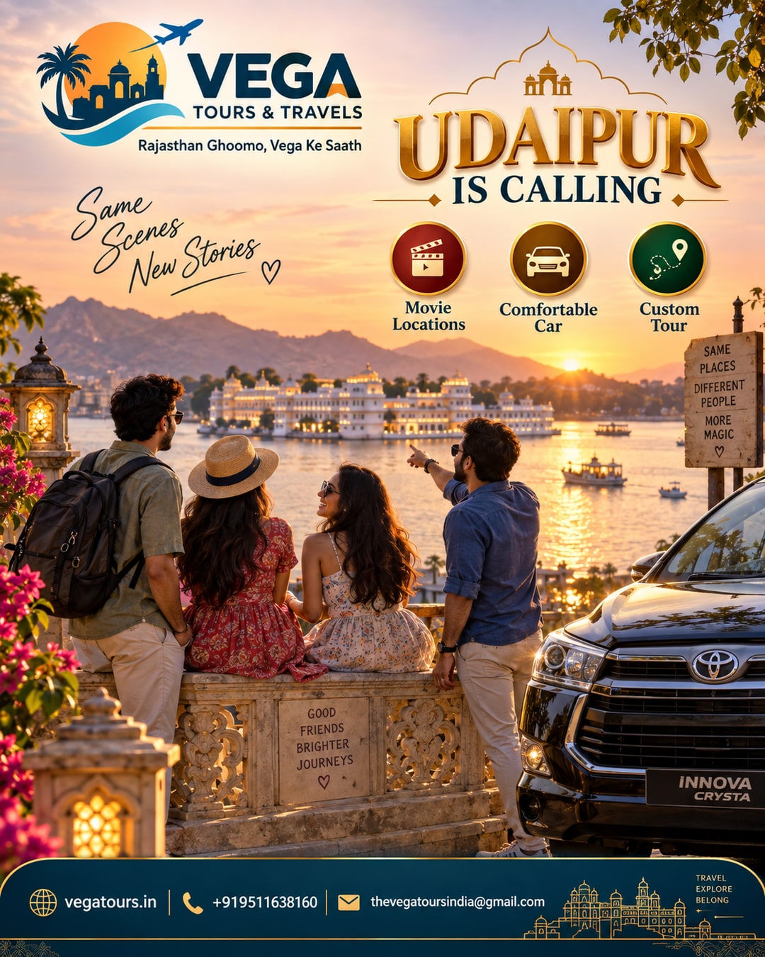 Friends group enjoying Udaipur lake palace sunset view with Vega Tours car parked nearby
