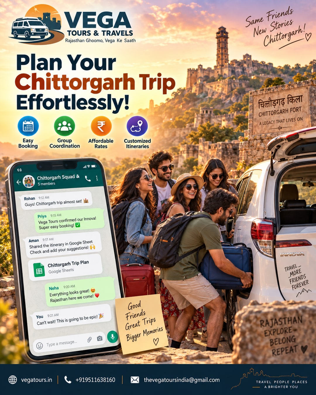 Friends group boarding Vega Tours Innova for a Chittorgarh road trip with WhatsApp planning chat on phone screen