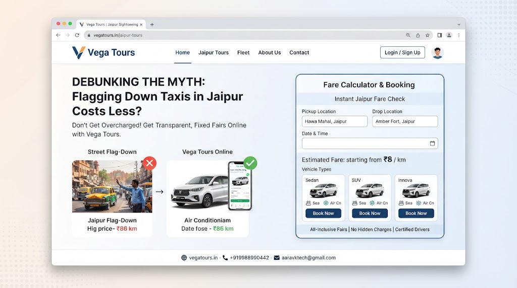 A clean dashboard preview showing transparent fare breakdowns and vehicle selection for Vega Tours and Travels