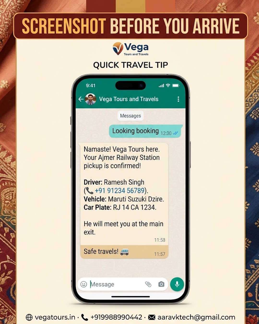 WhatsApp booking confirmation screen showing driver and car details for Ajmer railway station pickup