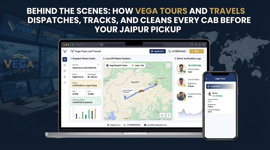 Behind the scenes dashboard of Vega Tours & Travels showing vehicle dispatch and tracking in Jaipur