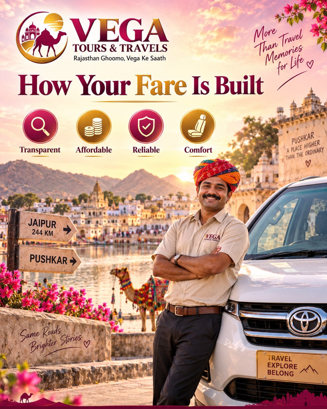 Vega Tours fare calculator dashboard showing Jaipur to Pushkar cost breakdown
