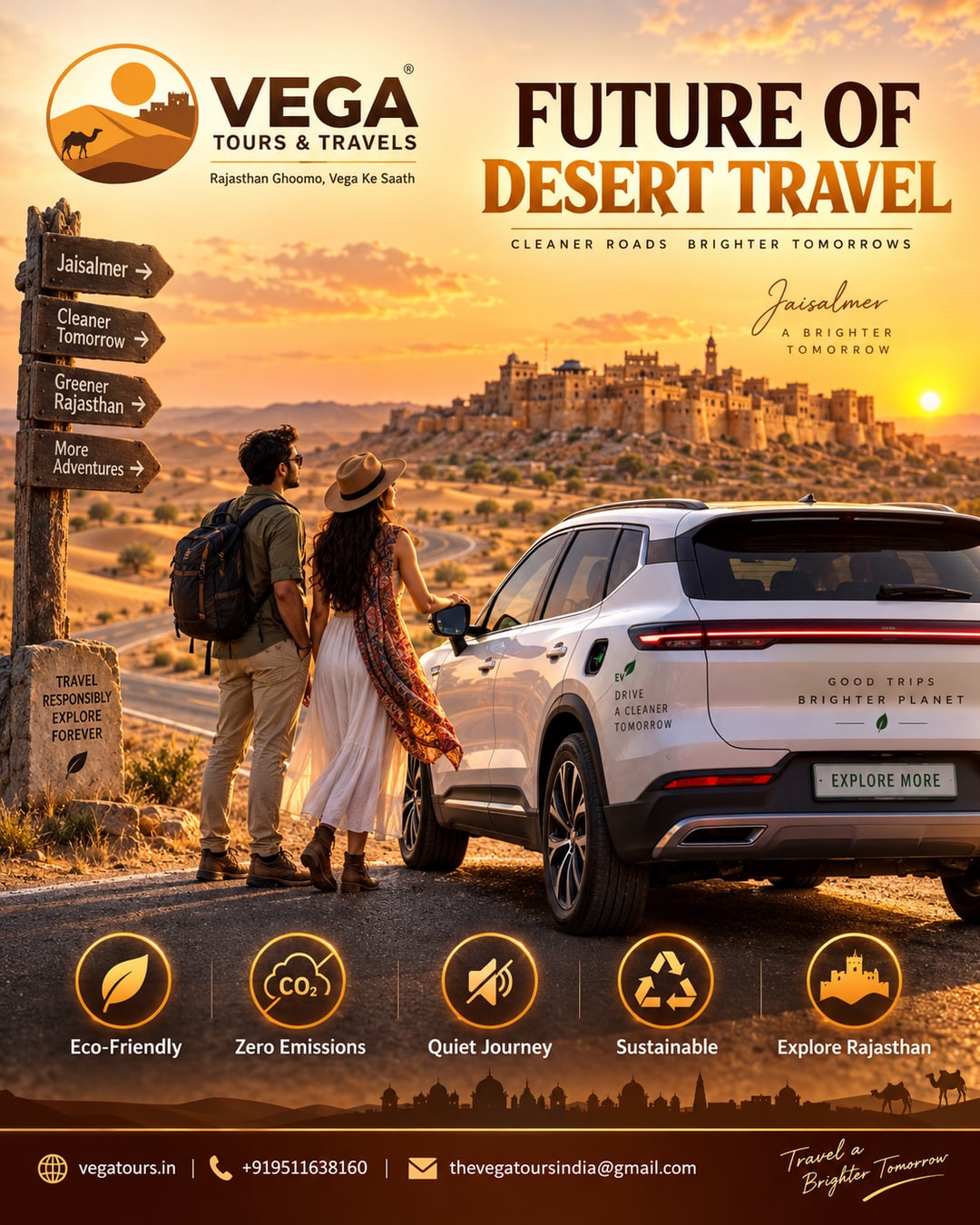 Electric SUV parked near Jaisalmer desert dunes at golden hour representing future of Rajasthan road trips