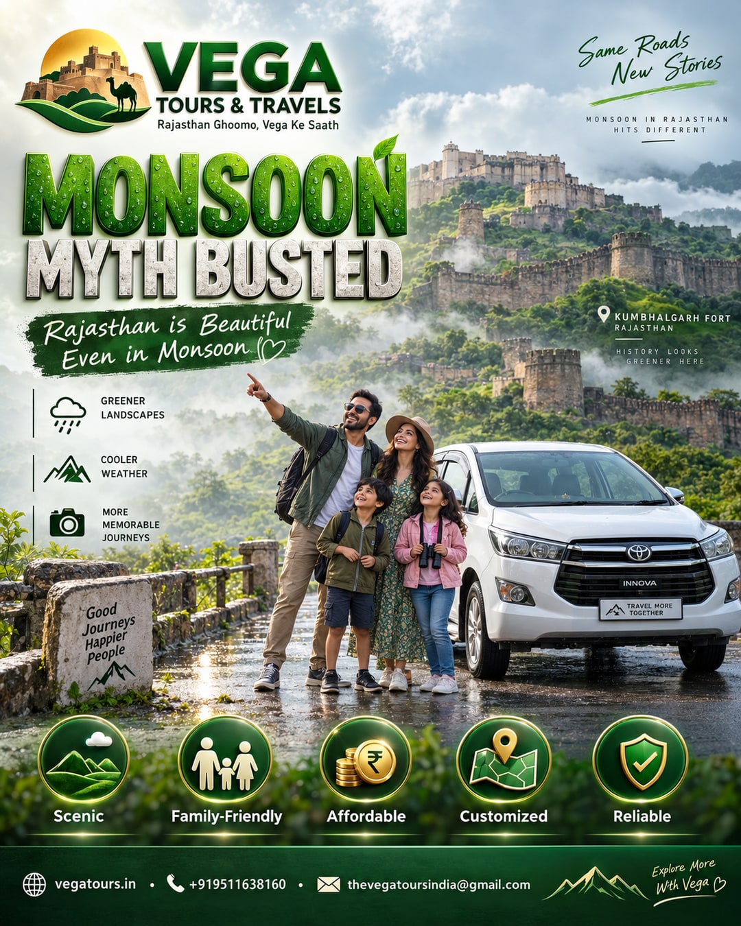 Family enjoying a monsoon season Kumbhalgarh Rajasthan road trip with Vega Tours car