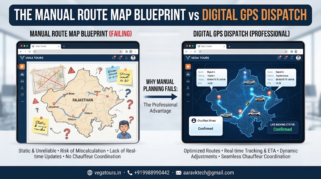 Comparison of manual route mapping versus digital professional chauffeur dispatch for Rajasthan road trips with Vega Tours and Travels