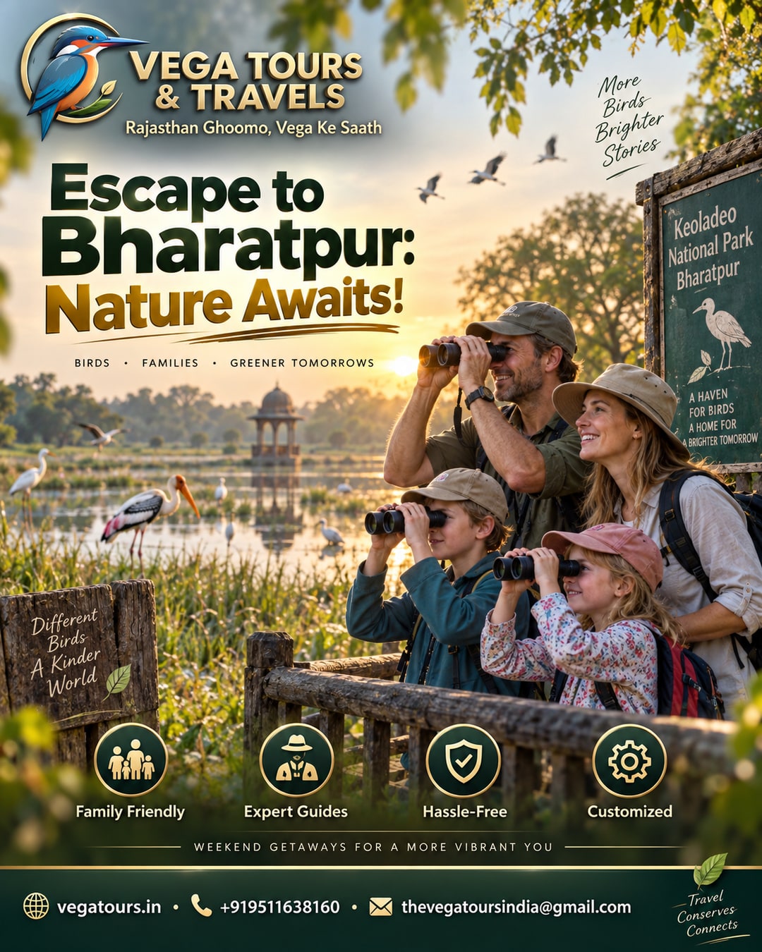 Vega Tours booking dashboard showing Delhi to Bharatpur birdwatching trip plan