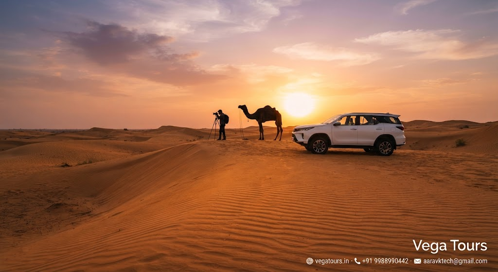 Traveller photographing golden hour light over Sam sand dunes Jaisalmer with Vega Tours cab parked nearby