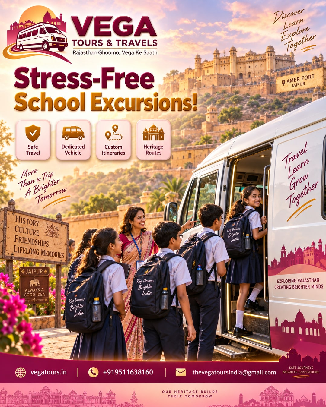 Vega Tours website booking screen for a Jaipur school heritage excursion