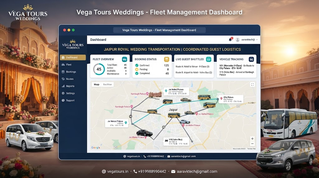 Wedding guest transportation dashboard showing multi-vehicle fleet coordination for Jaipur events