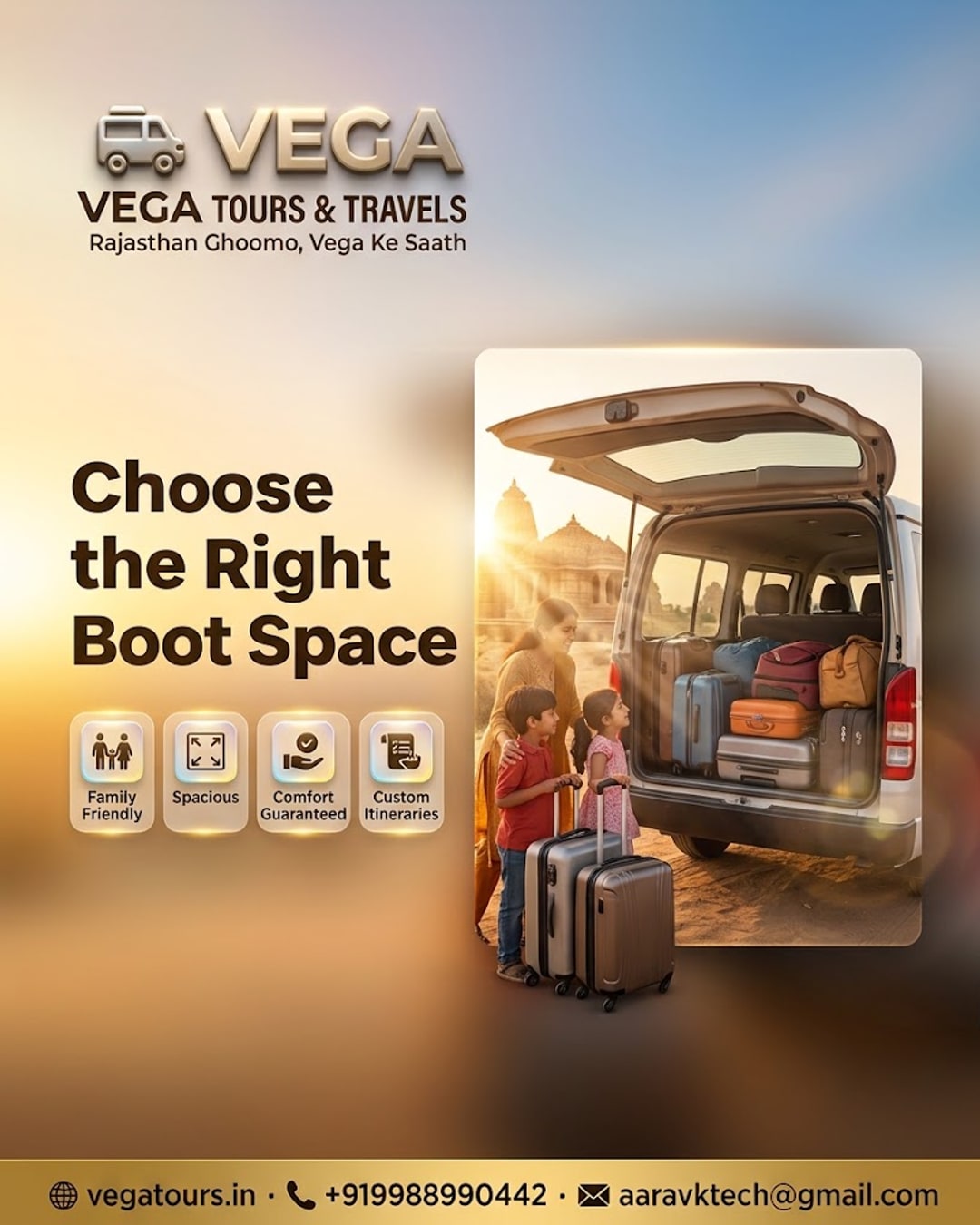 Vega Tours app screen comparing luggage boot space across vehicles for an Osian Rajasthan trip