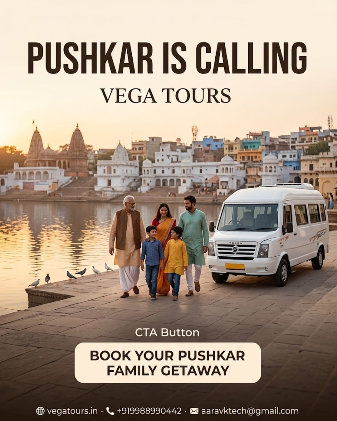Three generation Indian family with Vega Tours Tempo Traveller at Pushkar Lake golden hour