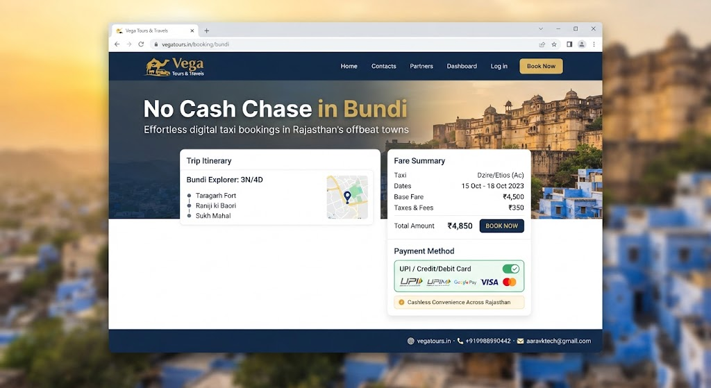 Vega Tours booking app screen showing digital UPI payment option for a Bundi Rajasthan taxi trip