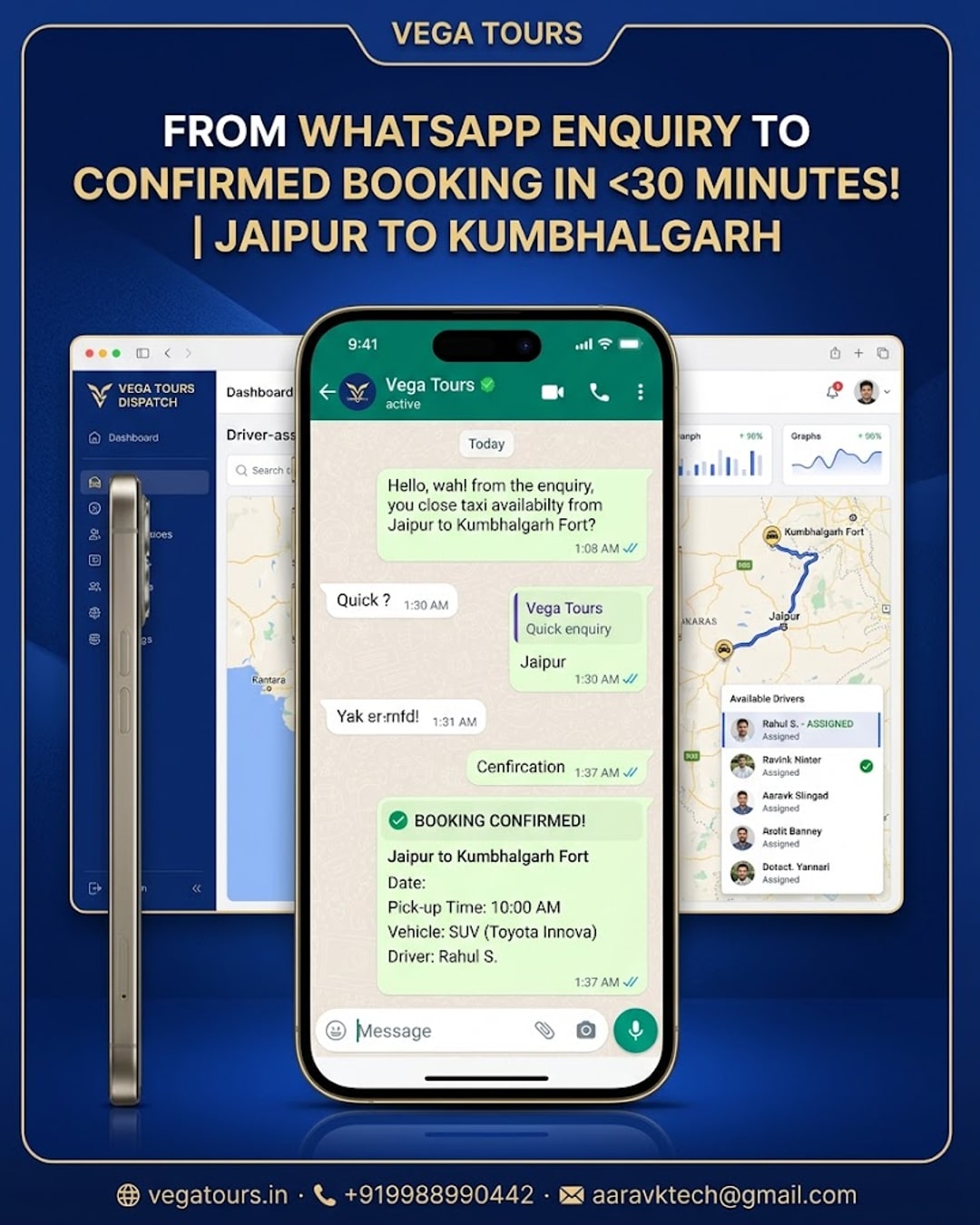 Vega Tours WhatsApp booking confirmation and driver dispatch dashboard mockup for Kumbhalgarh trip