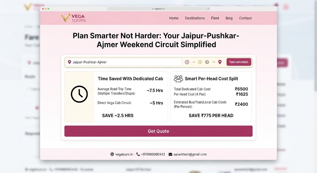 Vega Tours website fare calculator comparing dedicated cab vs multiple bookings for Jaipur Pushkar Ajmer trip