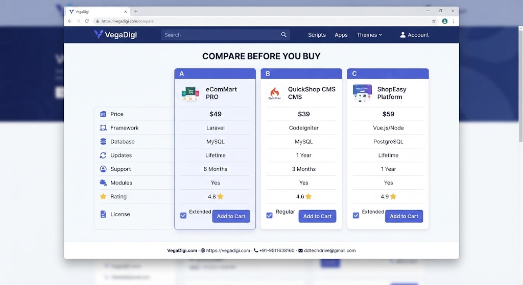 Compare & Shortlist Source Codes on VegaDigi