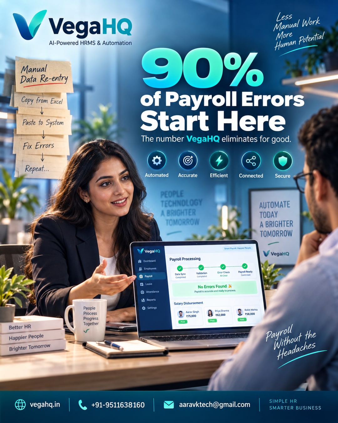 9 in 10 payroll errors trace back to manual data re-entry — the number VegaHQ eliminates for good