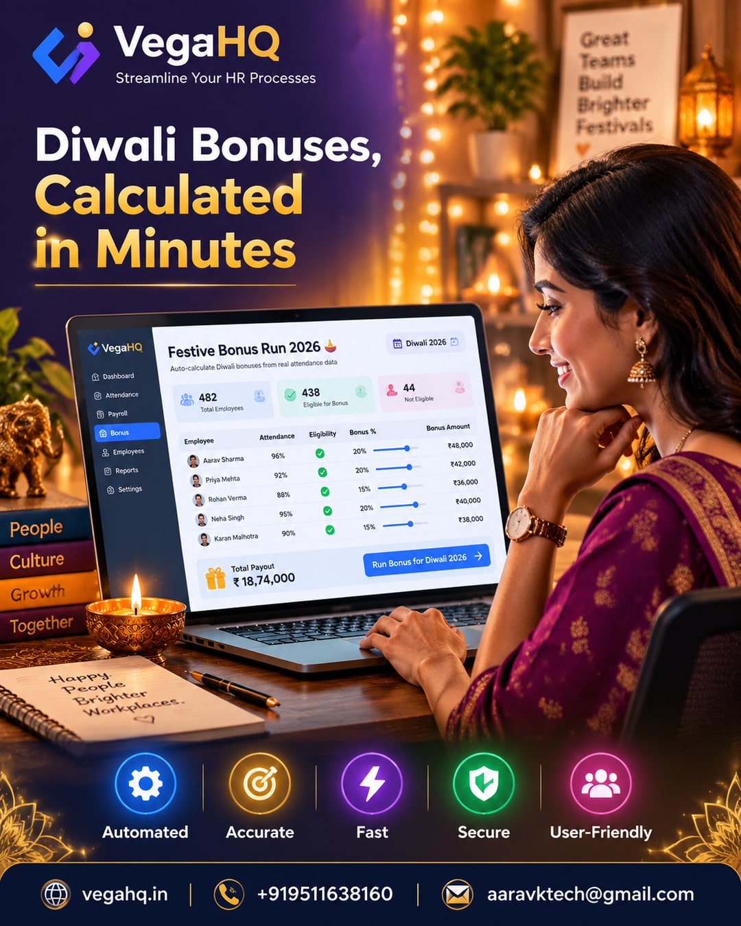 Diwali 2026 bonus season: how VegaHQ auto-calculates festive bonuses from real attendance data before the payout rush