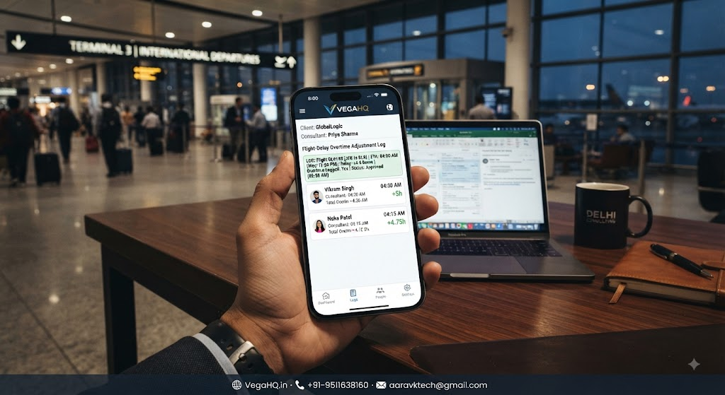 the 4:00 AM airport pickup coordination: how a multi-city consulting firm streamlined flight-delay overtime logging with vegahq