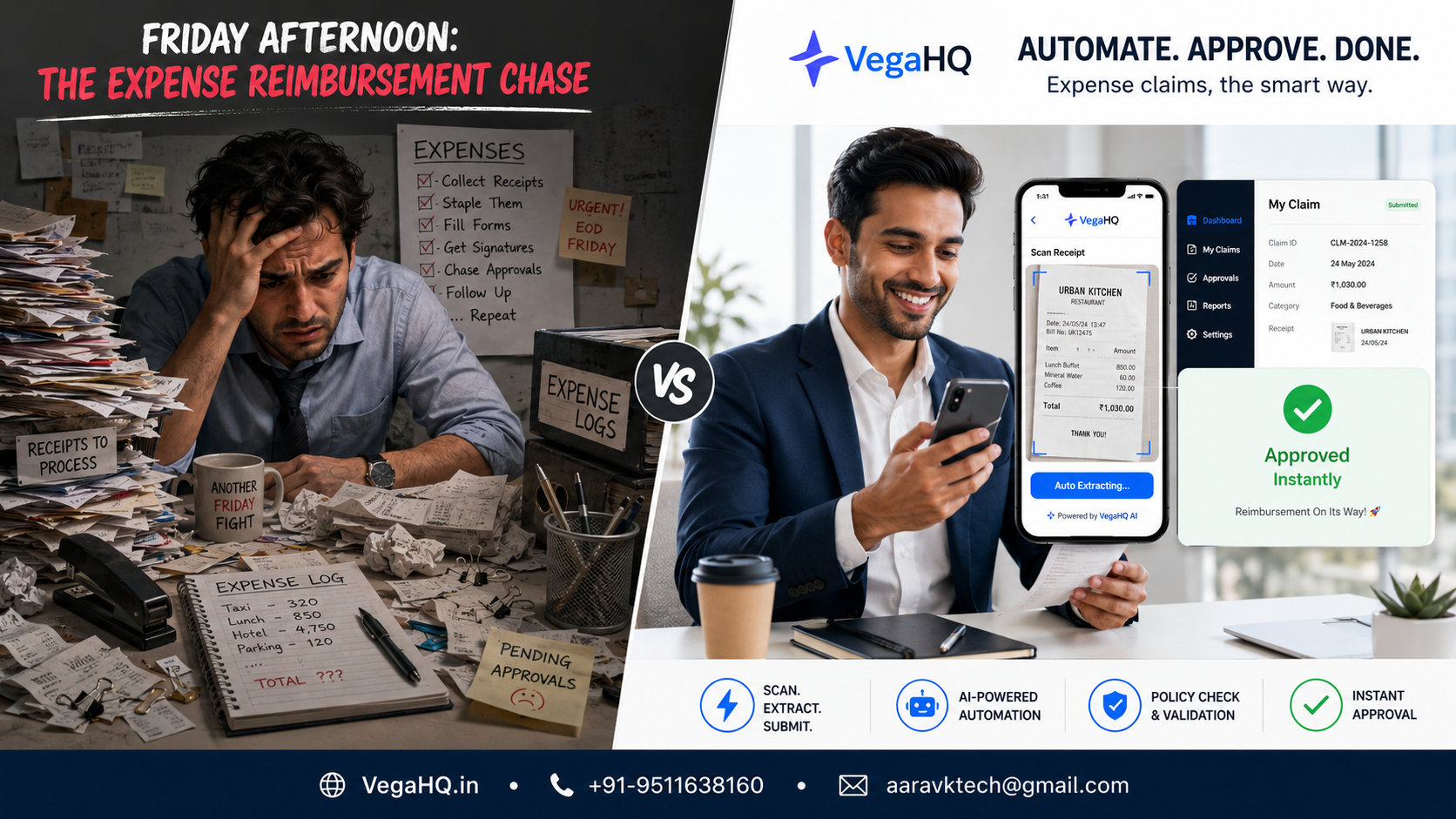 the Friday afternoon expense reimbursement chase: manual receipt stapling versus vegahq automated mobile claim processing